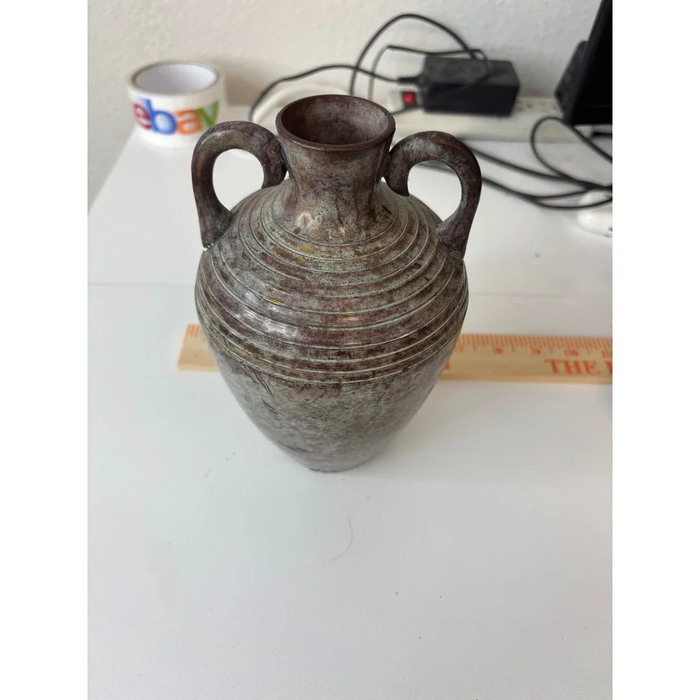 Vintage Style Verdigris Metal Amphora Vase Double Handle Ribbed India 5094-2